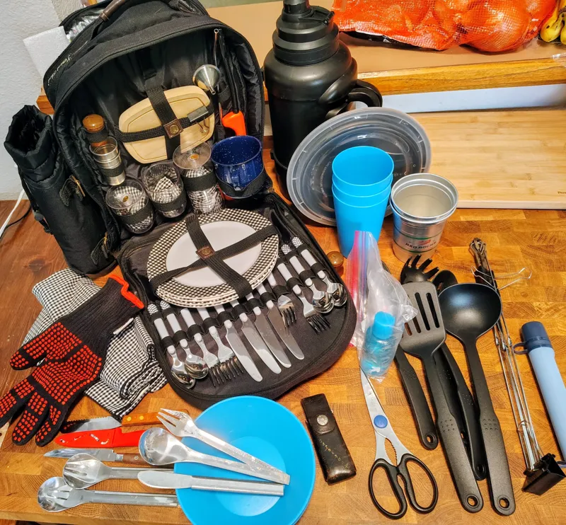 Repurposed, augmented picnic kit augmented for car zero waste use.